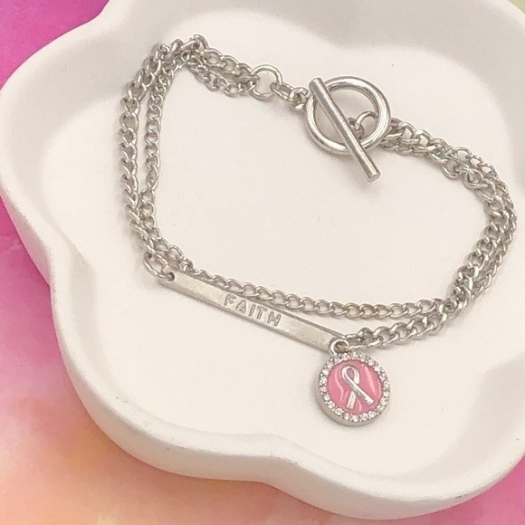 🌼 FAITH Breast Cancer Charm Silver Chain Bracelet - Picture 1 of 2